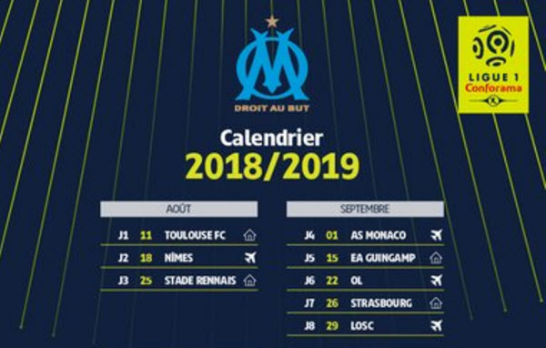 calendrier ligue 1 OM 2018-2019